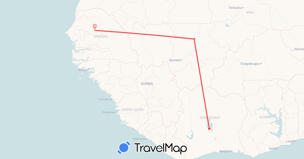 TravelMap itinerary: hiking in Côte d'Ivoire, Mali, Senegal (Africa)